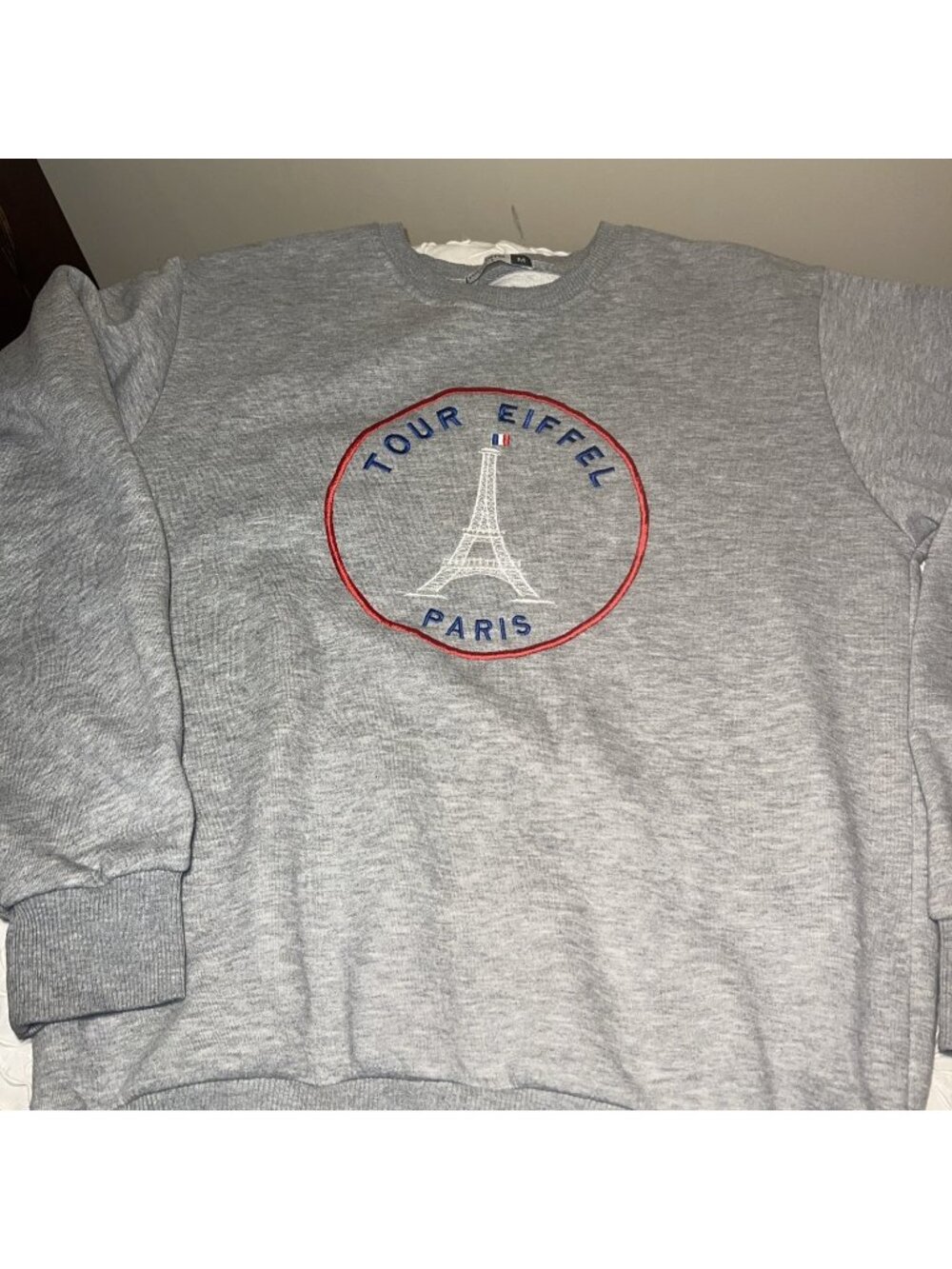Tour Eiffel  Paris Grey W Red/white blue Embroid Sweatshirt Crewneck Medium Long